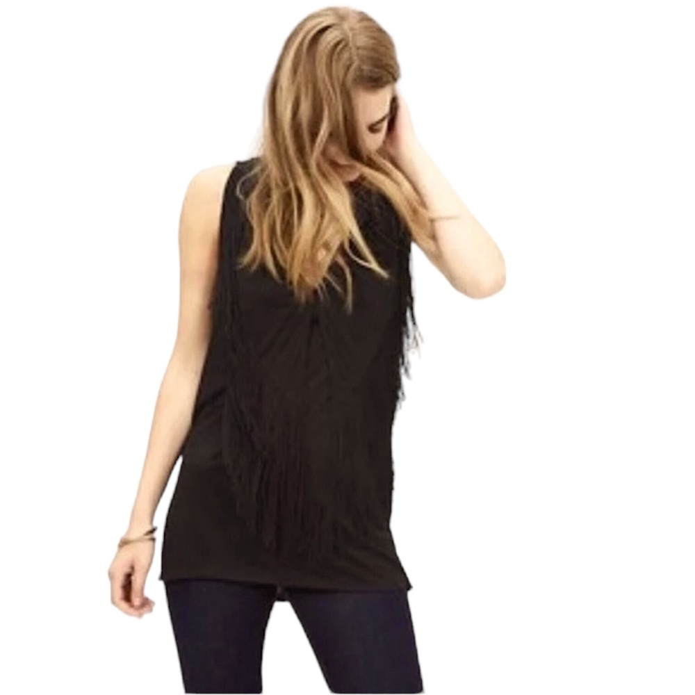 BANANA REPUBLIC Womens sz X Small Top Fringe Sleeveless V Neck Fringe Black